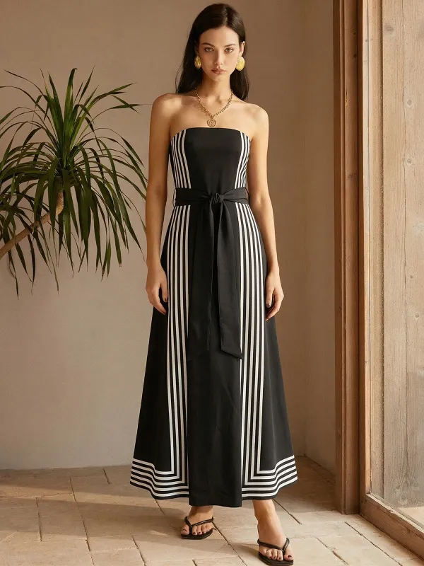 Strapless Striped Belted Midi Dress made by COMMENSE