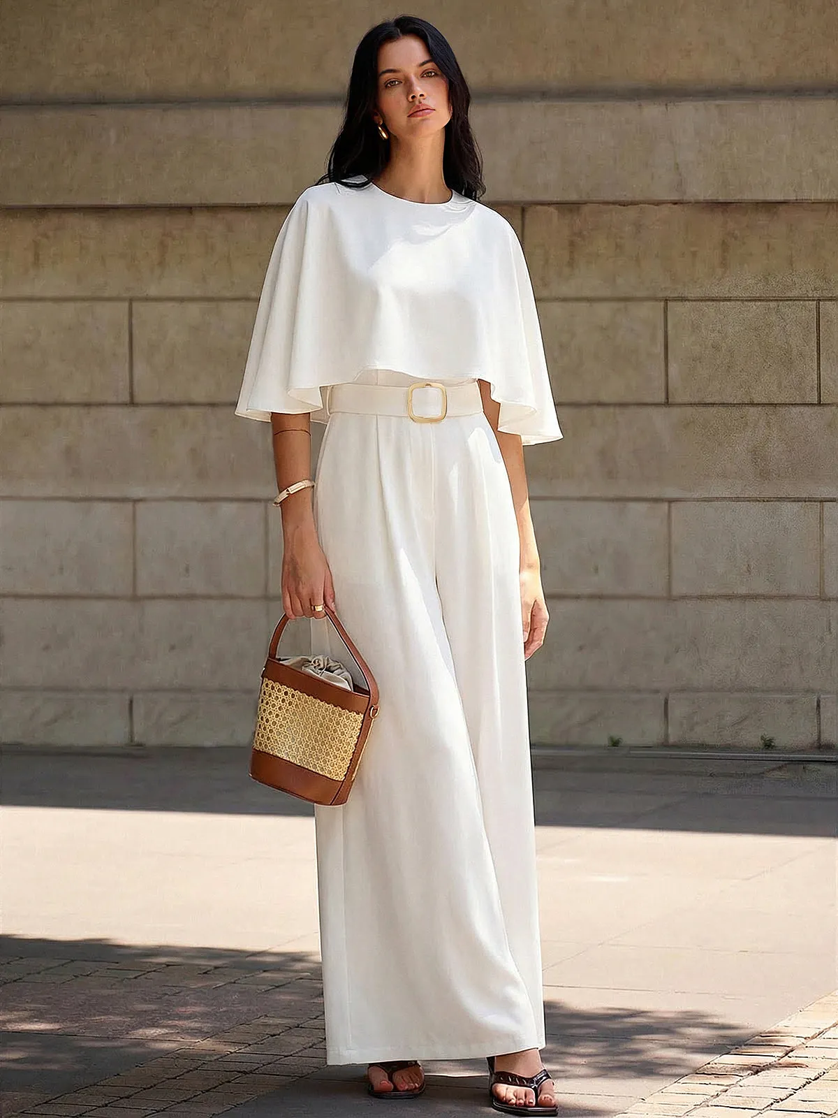Cape-Sleeve Belted Wide-Leg Jumpsuit sold by COMMENSE