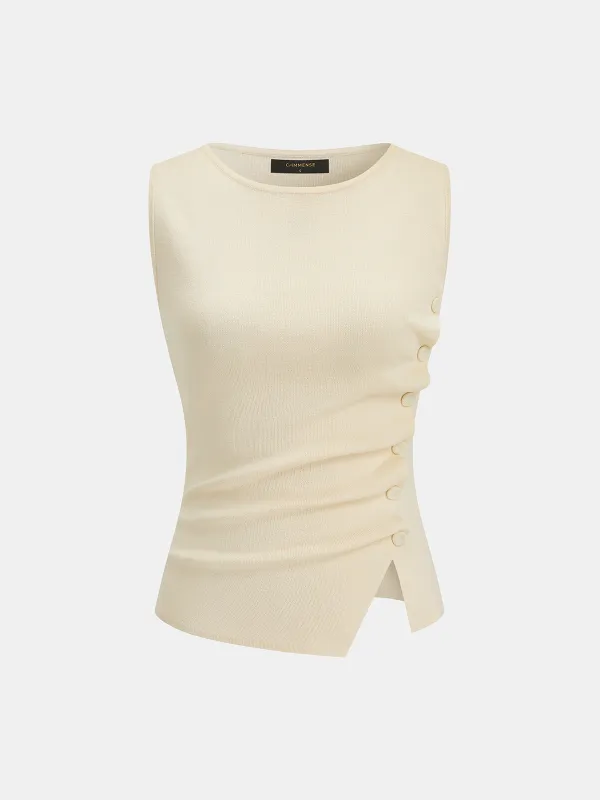 Ruched Button Detail Knit Tank Top made by COMMENSE