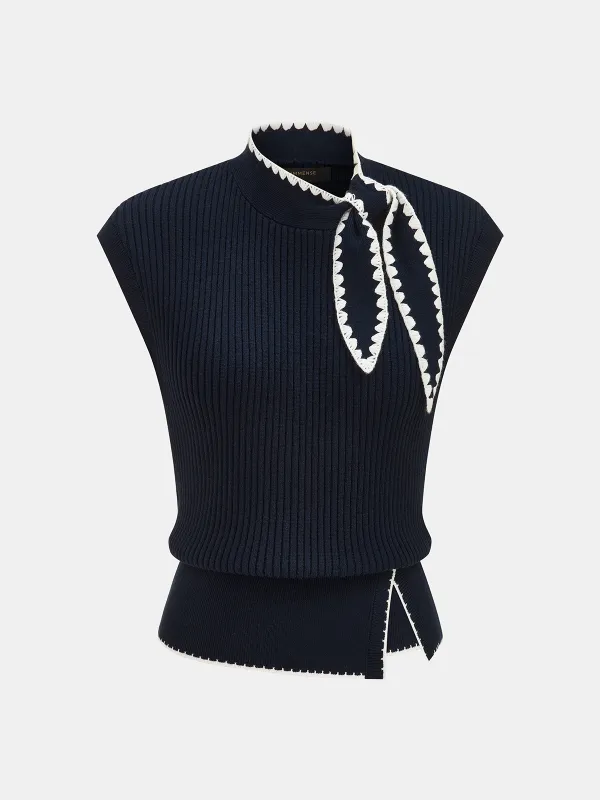Scallop Trim Tie Neck Sleeveless Knit Top made by COMMENSE