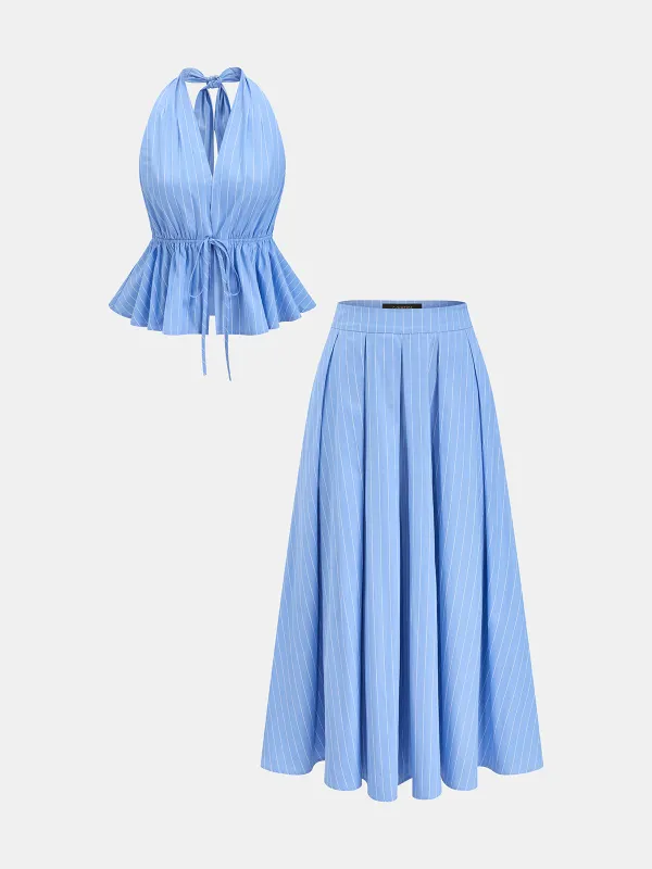 Pinstripe Halter Peplum Top & Pleated Skirt Set made by COMMENSE