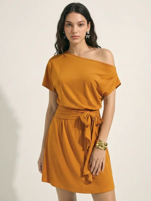 Off Shoulder Tie Waist Mini Dress made by COMMENSE