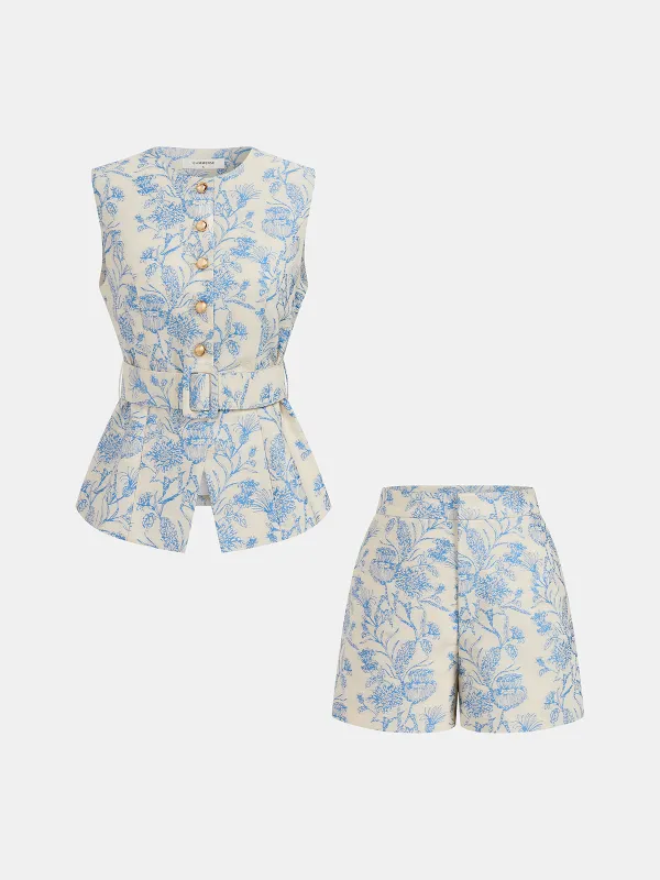Belted Floral Jacquard Vest & Shorts Set made by COMMENSE
