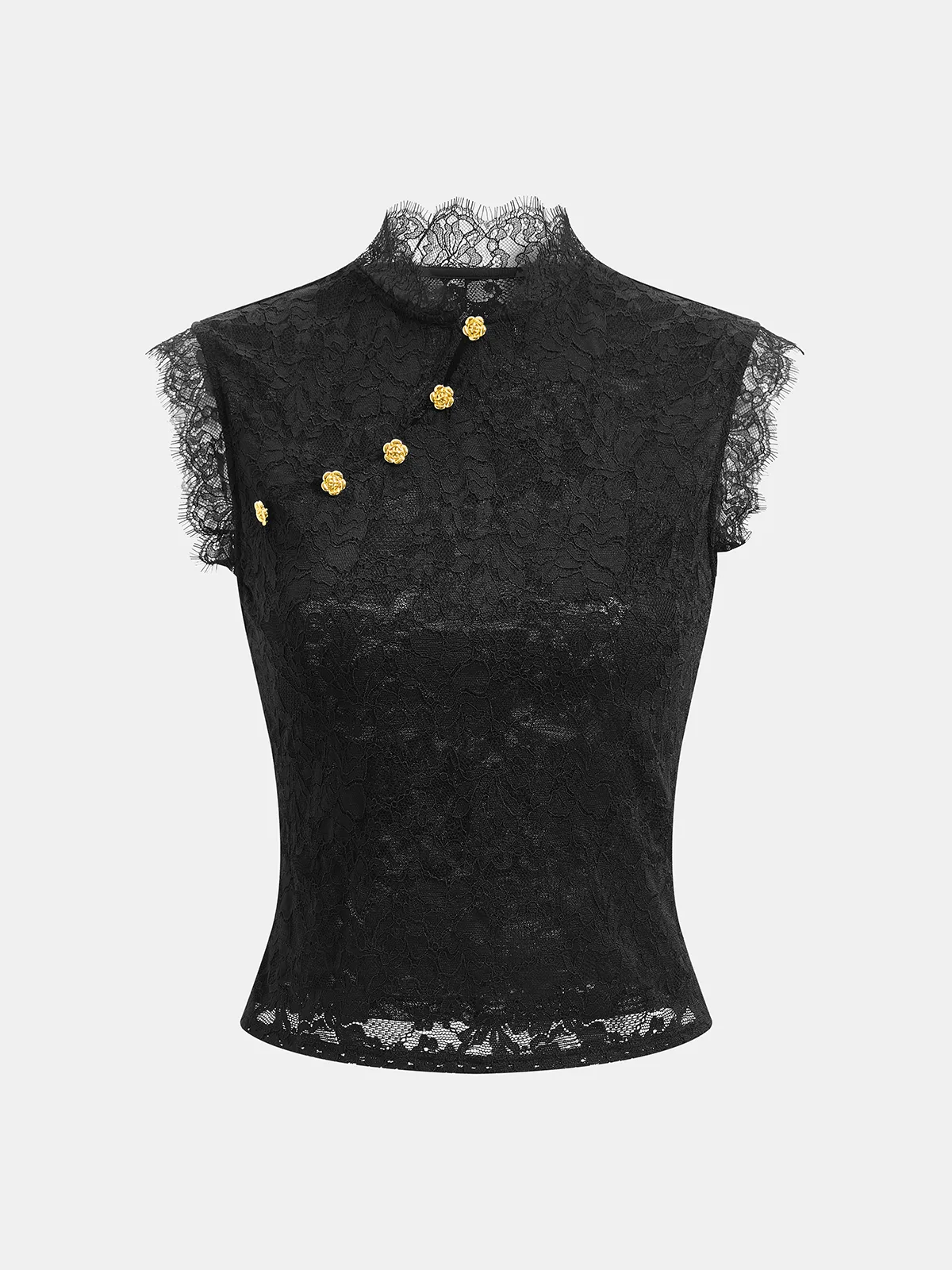 Floral Button Mandarin Collar Lace Top sold by COMMENSE