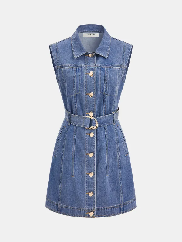 Belted Denim Sleeveless Shirt Dress made by COMMENSE