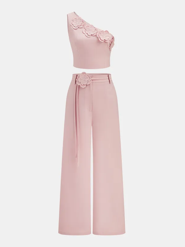3D Flower One-Shoulder Crop Top & Pants Set made by COMMENSE