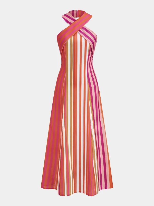 Striped Cross Halter Maxi Dress made by COMMENSE