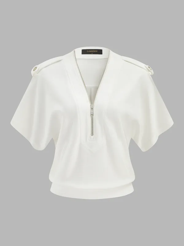 Epaulet Detail Half-Zip Short Sleeve Sweatshirt made by COMMENSE