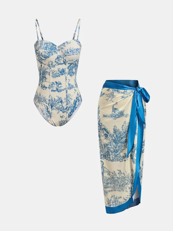 Toile Print One-Piece Swimsuit & Wrap Skirt Set made by COMMENSE
