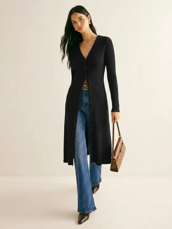Long Sleeve Rib Knit Button Down Midi Dress made by COMMENSE