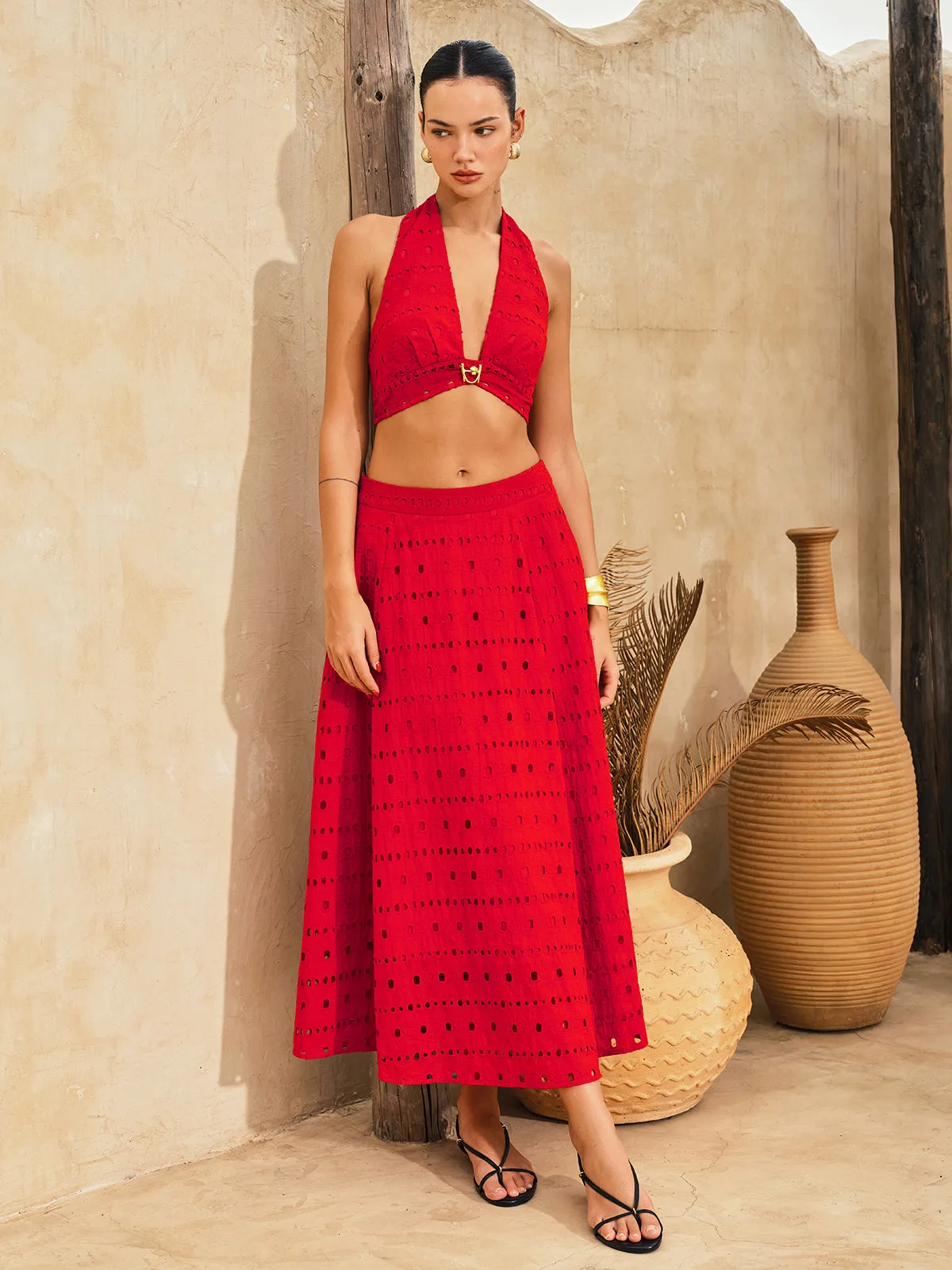 Eyelet Halter Crop Top & Maxi Skirt Set sold by COMMENSE product image thumbnail 3