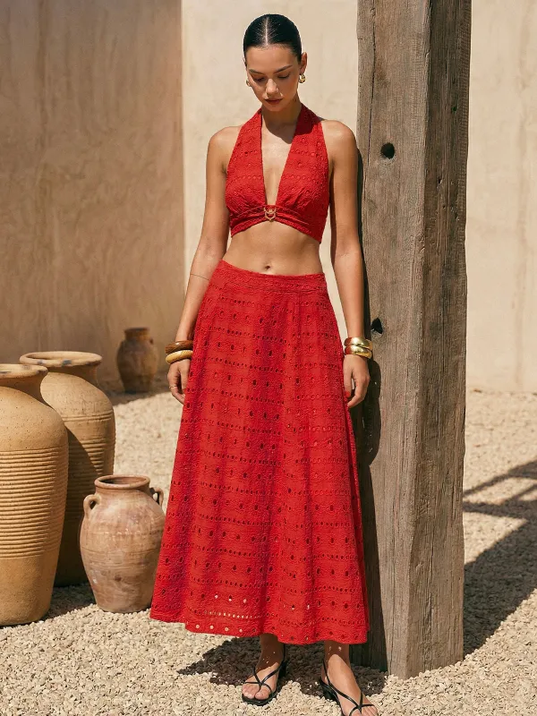 Eyelet Halter Crop Top & Maxi Skirt Set made by COMMENSE