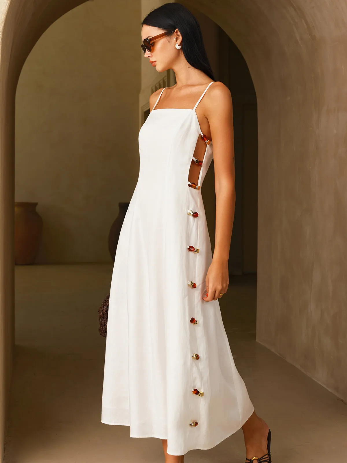 Linen-Blend Amber Detail Cami Midi Dress sold by COMMENSE product image thumbnail 3