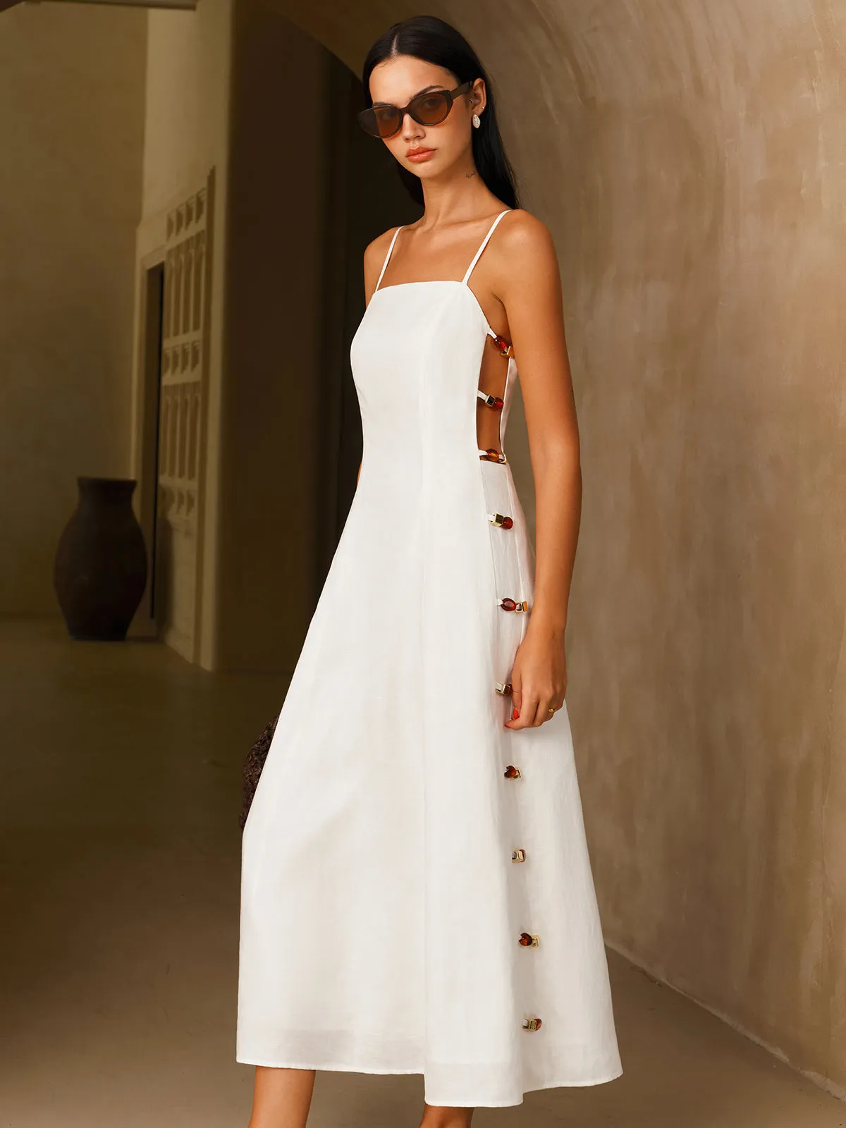 Linen-Blend Amber Detail Cami Midi Dress sold by COMMENSE product image thumbnail 4