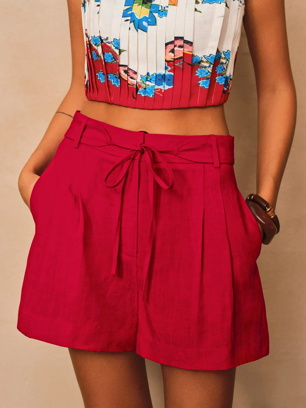 Floral Print Pleated Cami Top & Belted Shorts Set sold by COMMENSE product image thumbnail 3