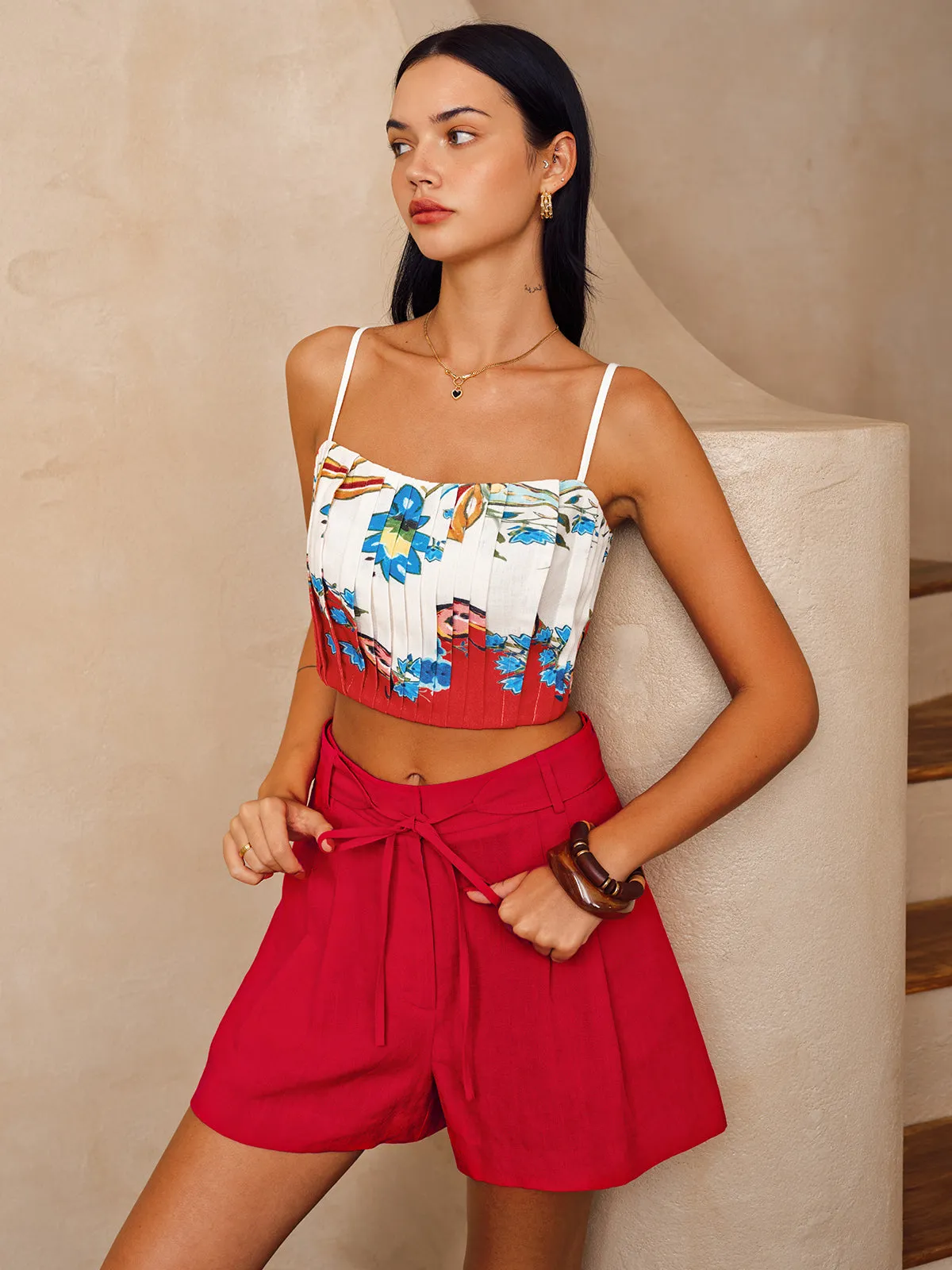 Floral Print Pleated Cami Top & Belted Shorts Set sold by COMMENSE