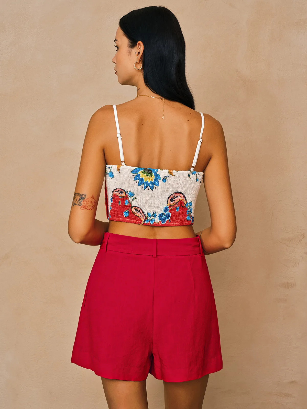 Floral Print Pleated Cami Top & Belted Shorts Set sold by COMMENSE product image thumbnail 5