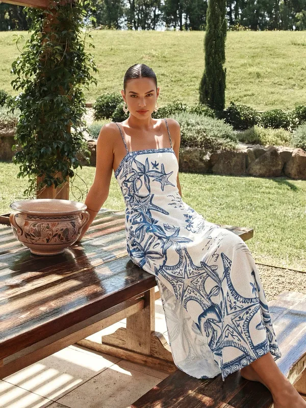Starfish Print Side Slit Cami Maxi Dress made by COMMENSE