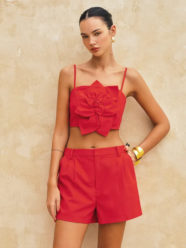 3D Flower Cotton Linen Cami Top & Shorts Set made by COMMENSE