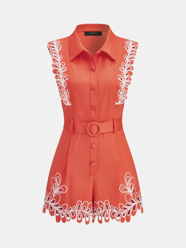Embroidered Trim Belted Sleeveless Romper made by COMMENSE