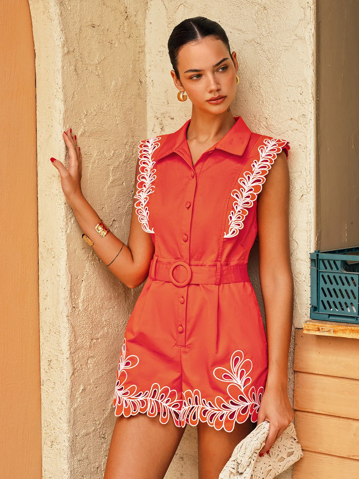 Embroidered Trim Belted Sleeveless Romper sold by COMMENSE product image thumbnail 3