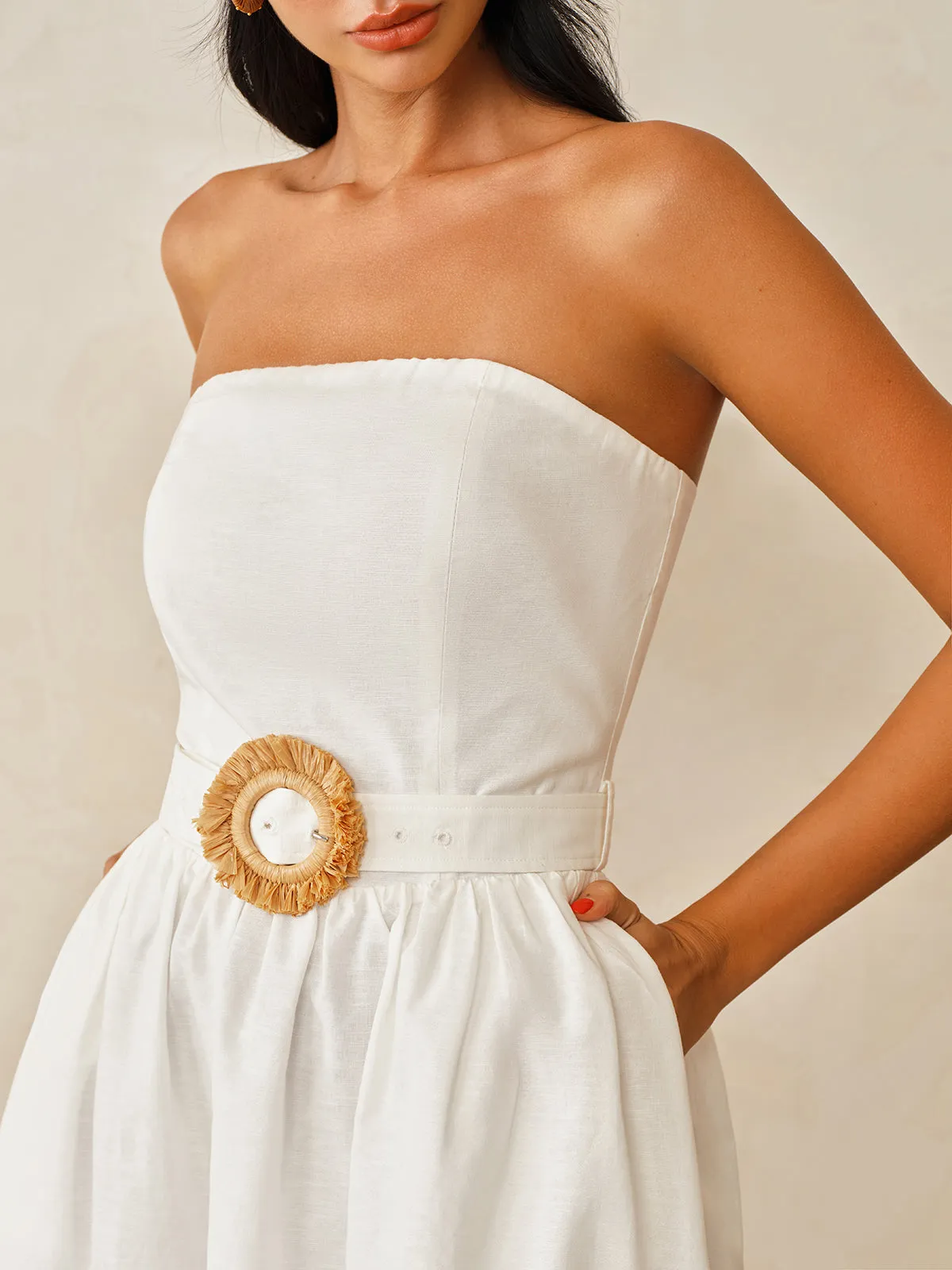 Strapless Cotton Linen Belted Maxi Dress sold by COMMENSE product image thumbnail 2