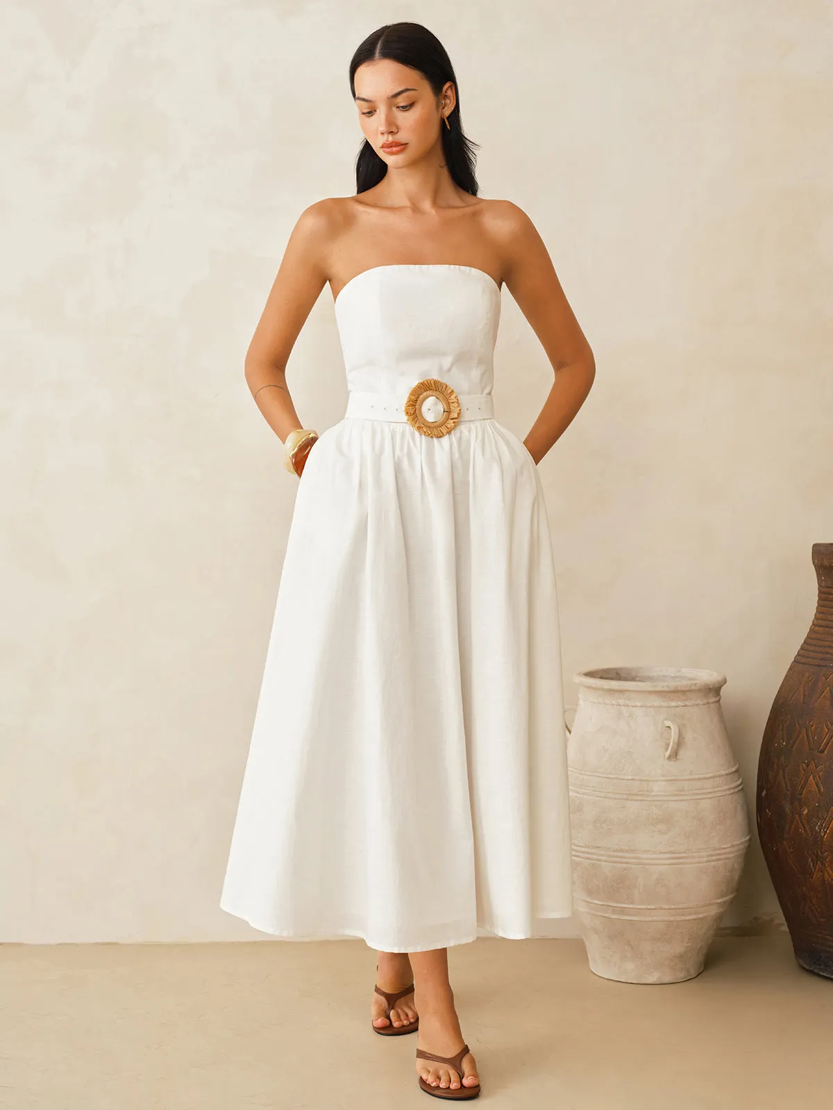 Strapless Cotton Linen Belted Maxi Dress sold by COMMENSE product image thumbnail 3