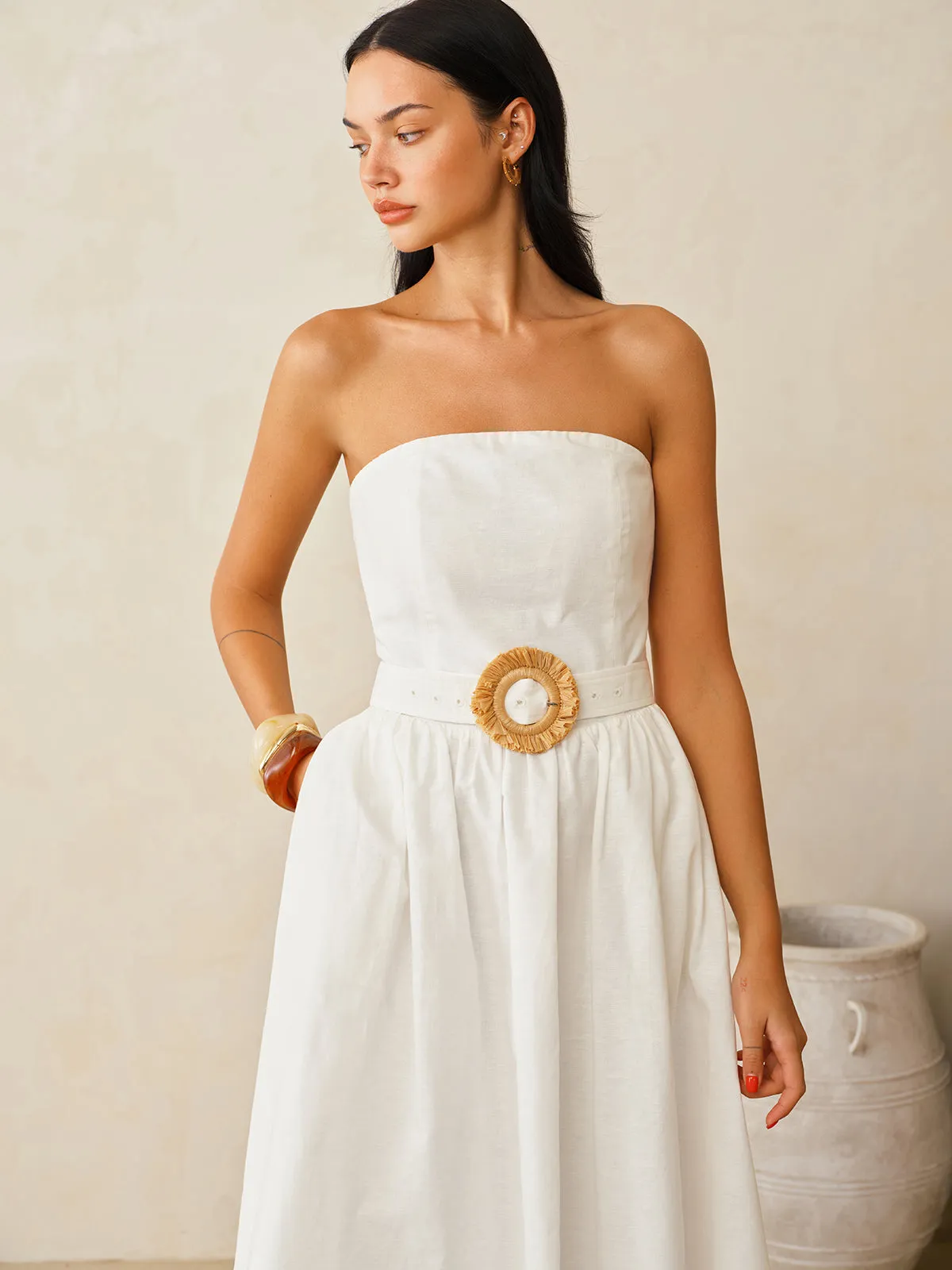Strapless Cotton Linen Belted Maxi Dress sold by COMMENSE product image thumbnail 4