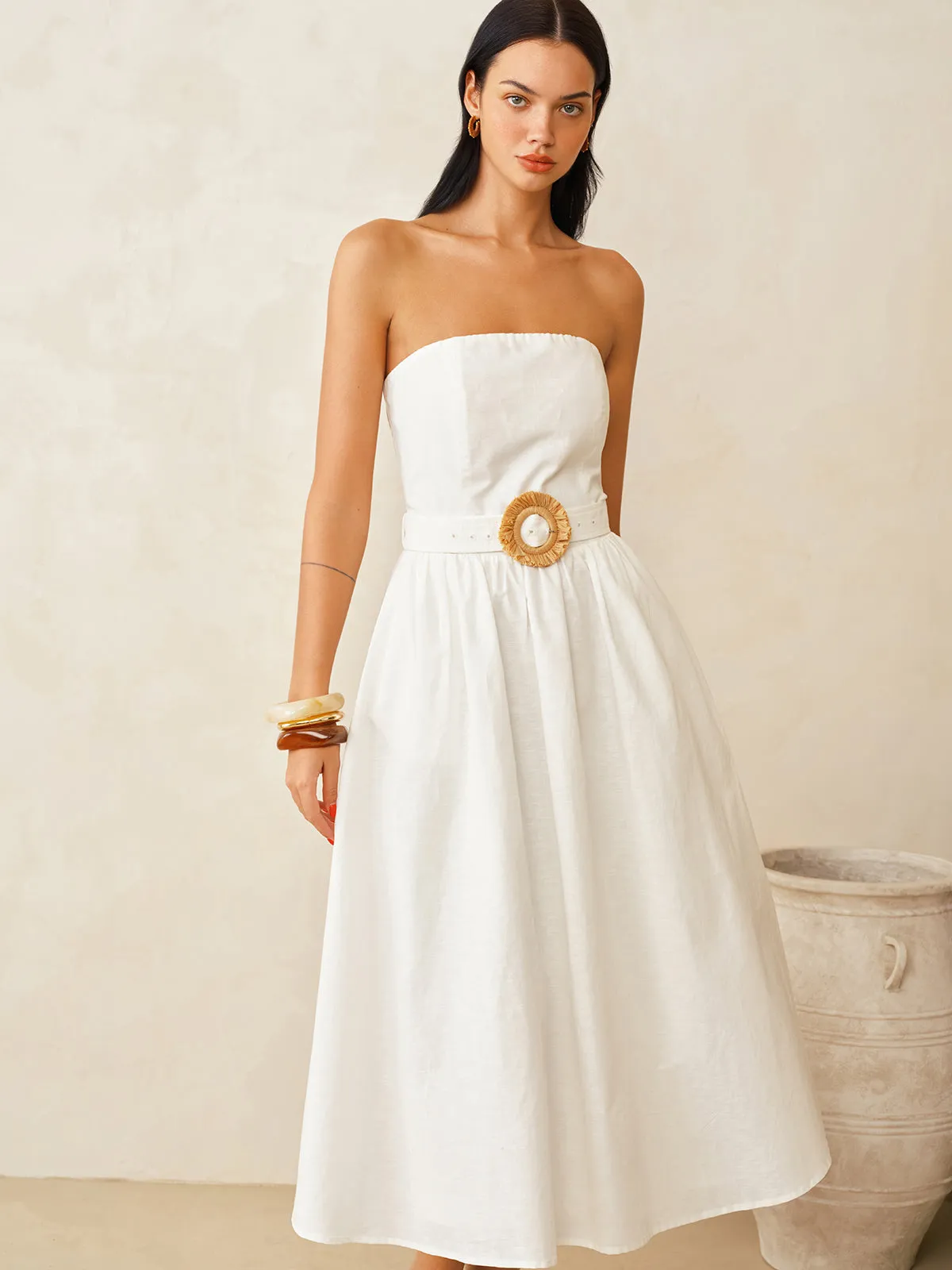 Strapless Cotton Linen Belted Maxi Dress sold by COMMENSE