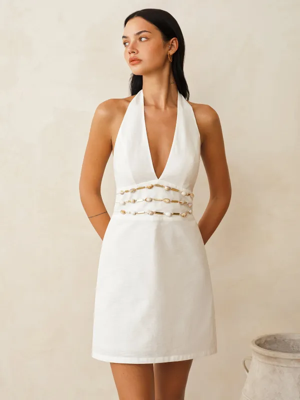 Cotton Linen Halter Shell Waist Mini Dress made by COMMENSE