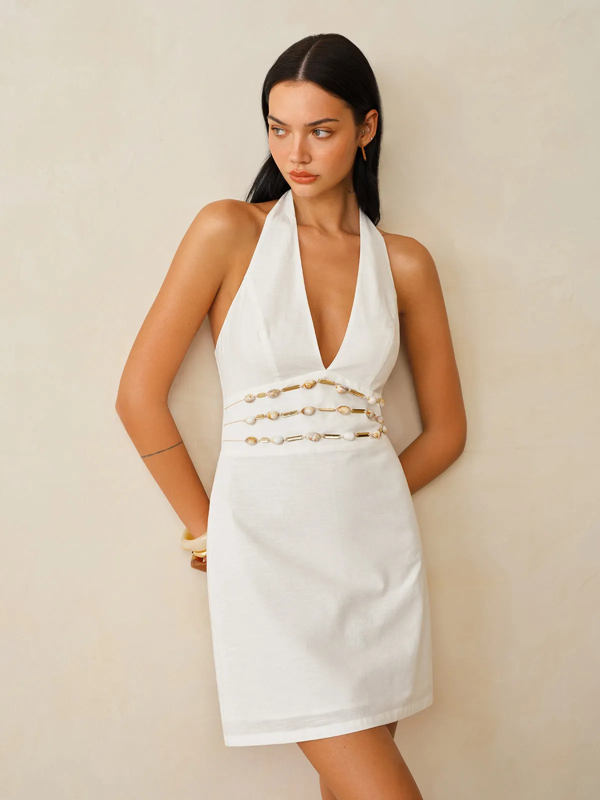Cotton Linen Halter Shell Waist Mini Dress sold by COMMENSE product image thumbnail 5