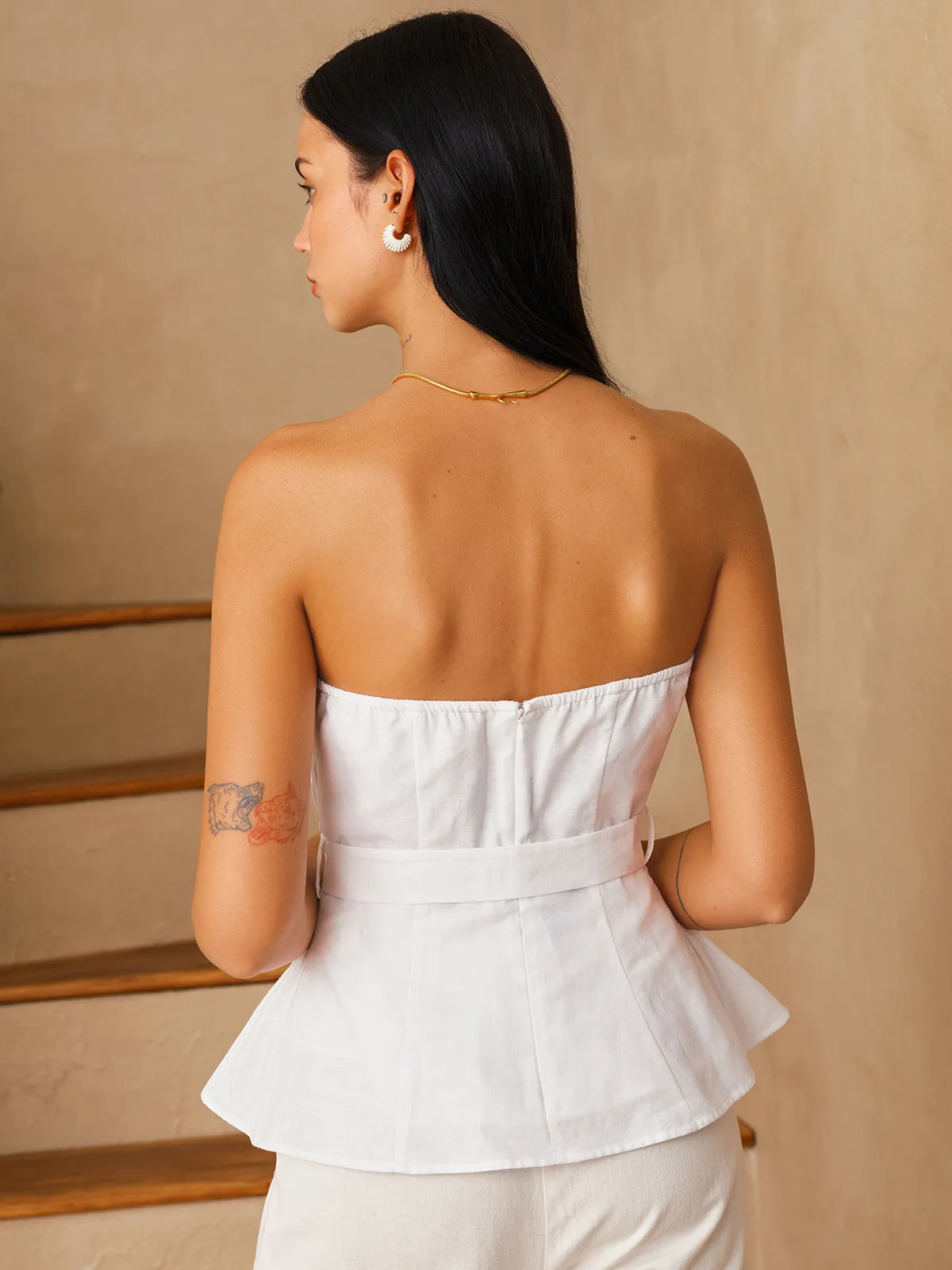 Cotton Linen Pleated Strapless Peplum Top sold by COMMENSE product image thumbnail 5