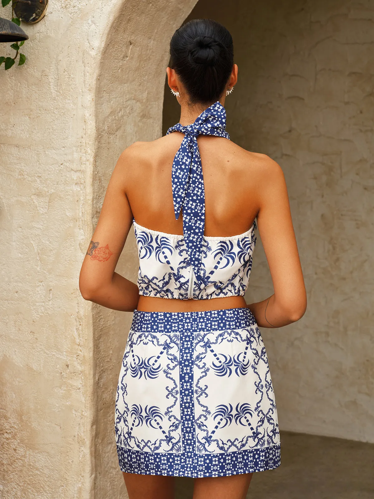 Printed Halter Crop Top & Mini Skirt Set sold by COMMENSE product image thumbnail 4