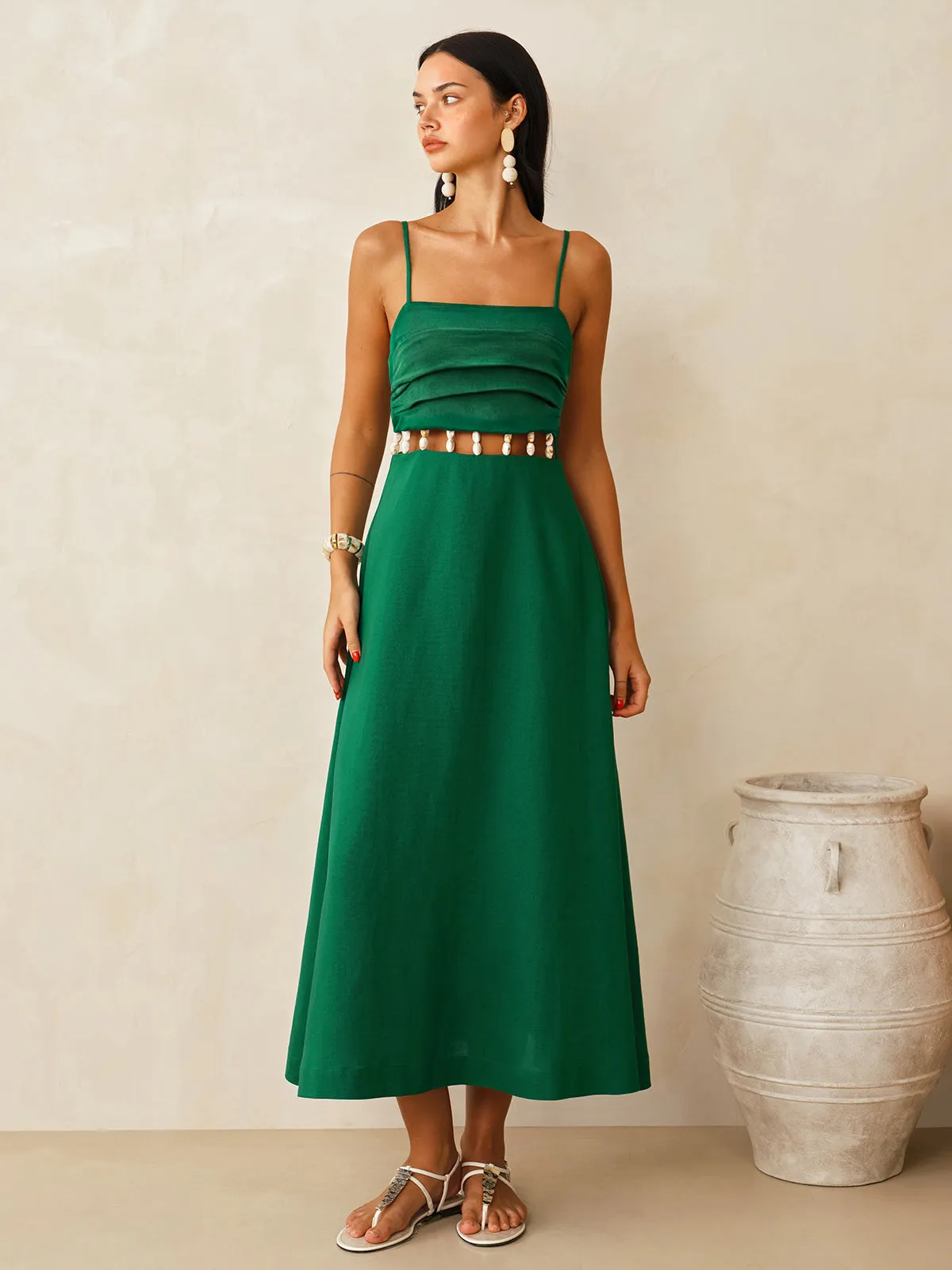 Linen-Blend Cutout Waist Cami Midi Dress sold by COMMENSE product image thumbnail 3