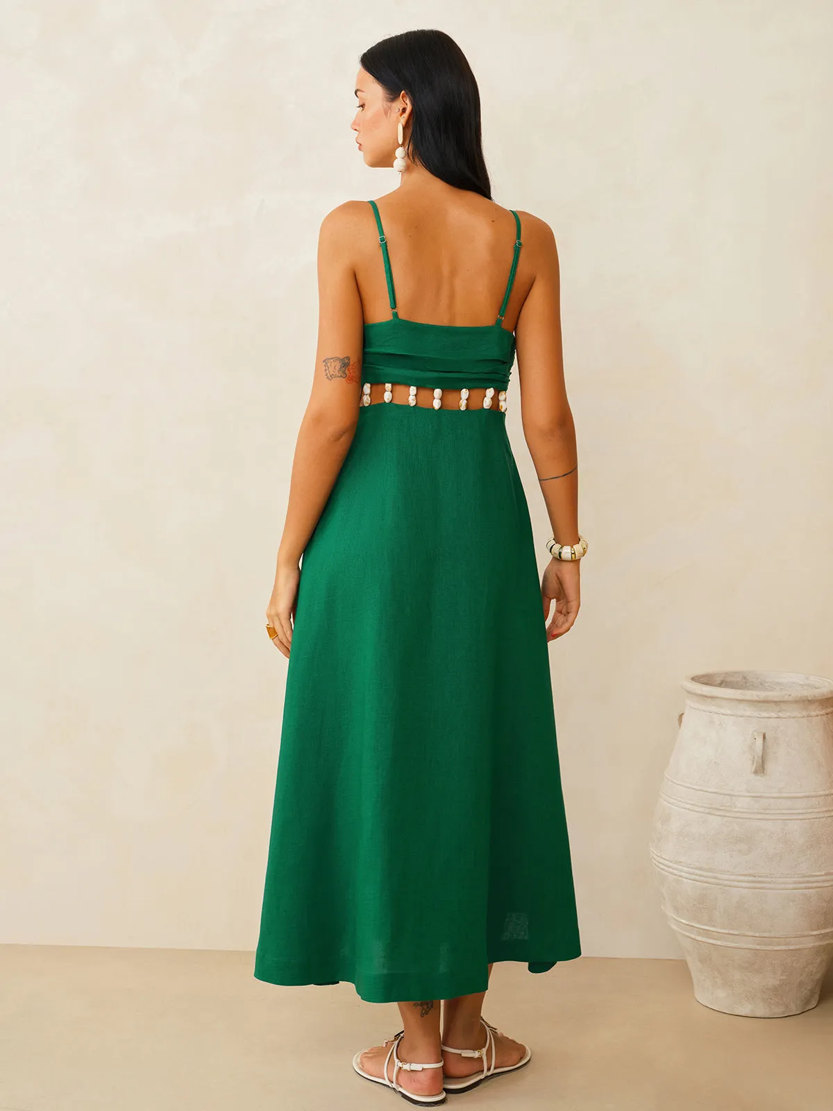 Linen-Blend Cutout Waist Cami Midi Dress sold by COMMENSE product image thumbnail 4