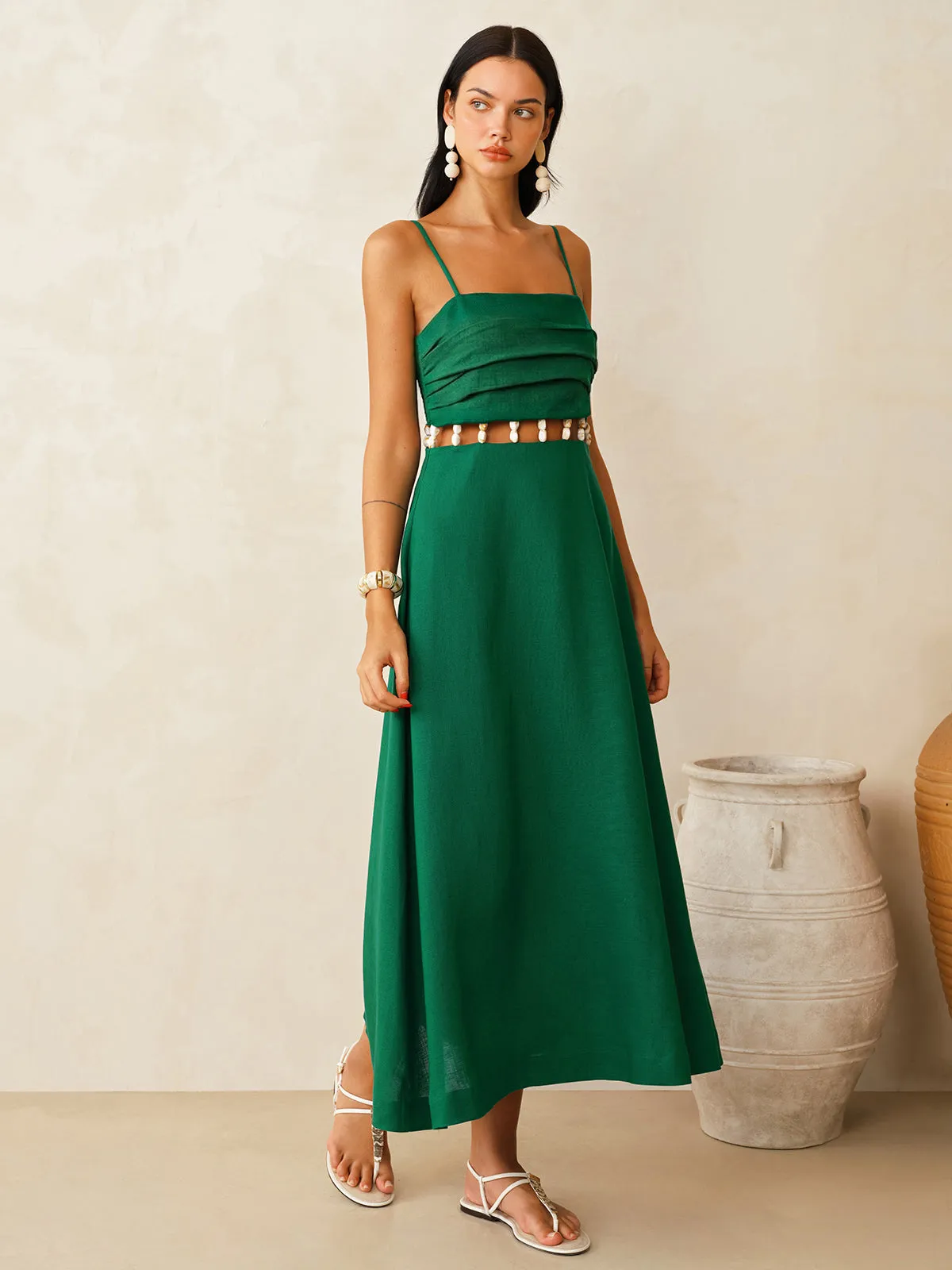 Linen-Blend Cutout Waist Cami Midi Dress sold by COMMENSE