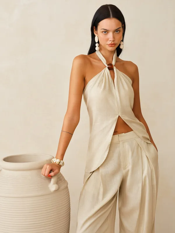 Linen-Blend Halter Top & Pants Set made by COMMENSE