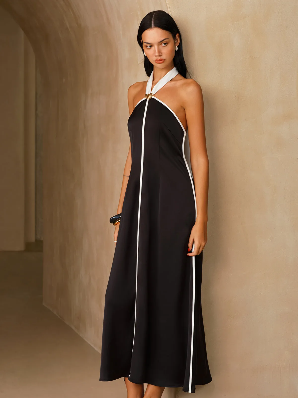 Satin Contrast Trim Halter Midi Dress sold by COMMENSE
