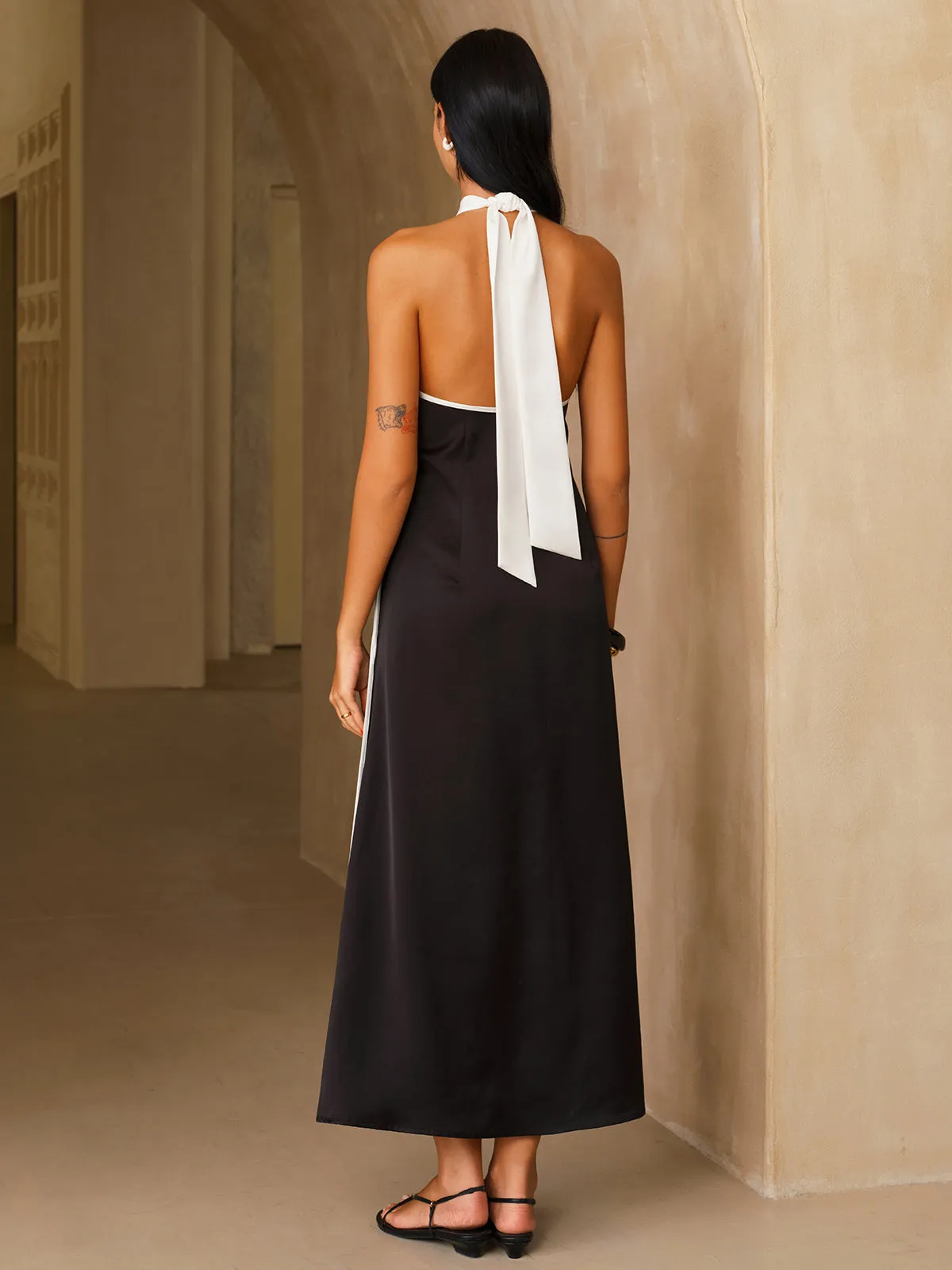 Satin Contrast Trim Halter Midi Dress sold by COMMENSE product image thumbnail 5