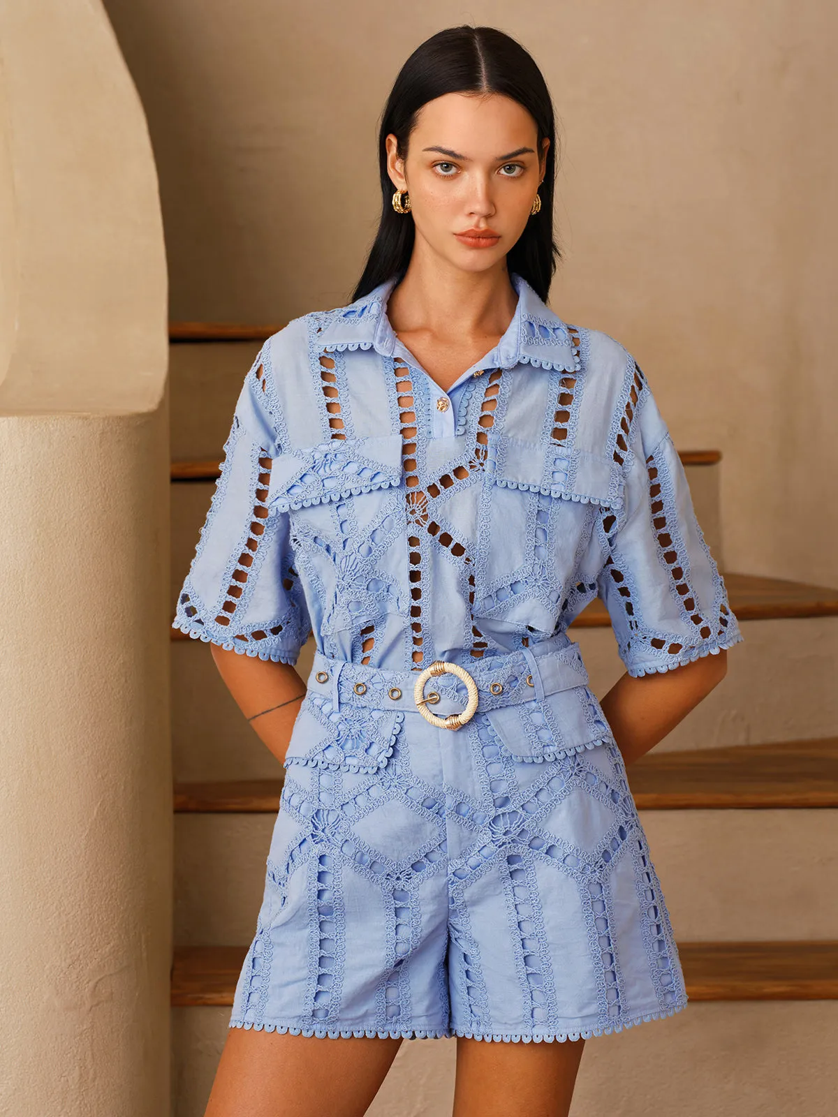 Eyelet Embroidery Mid-Waist Belted Shorts sold by COMMENSE product image thumbnail 3