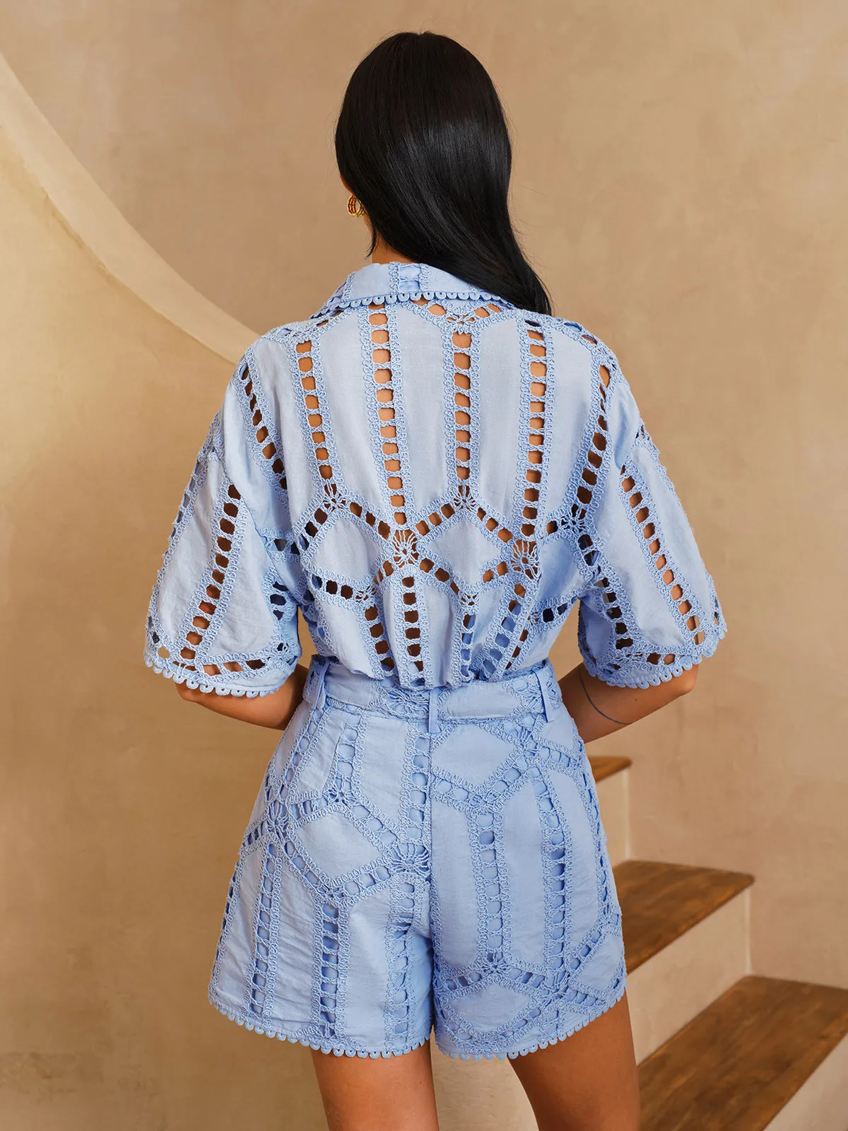 Eyelet Embroidery Mid-Waist Belted Shorts sold by COMMENSE product image thumbnail 4