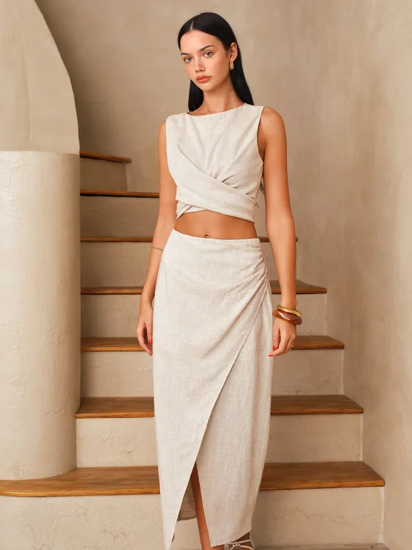Linen-Blend Knot-Back Top & Wrap Skirt Set made by COMMENSE