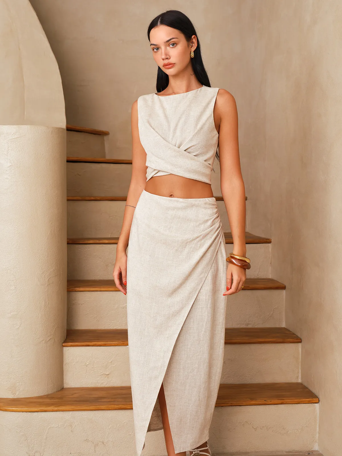 Linen-Blend Knot-Back Top & Wrap Skirt Set sold by COMMENSE