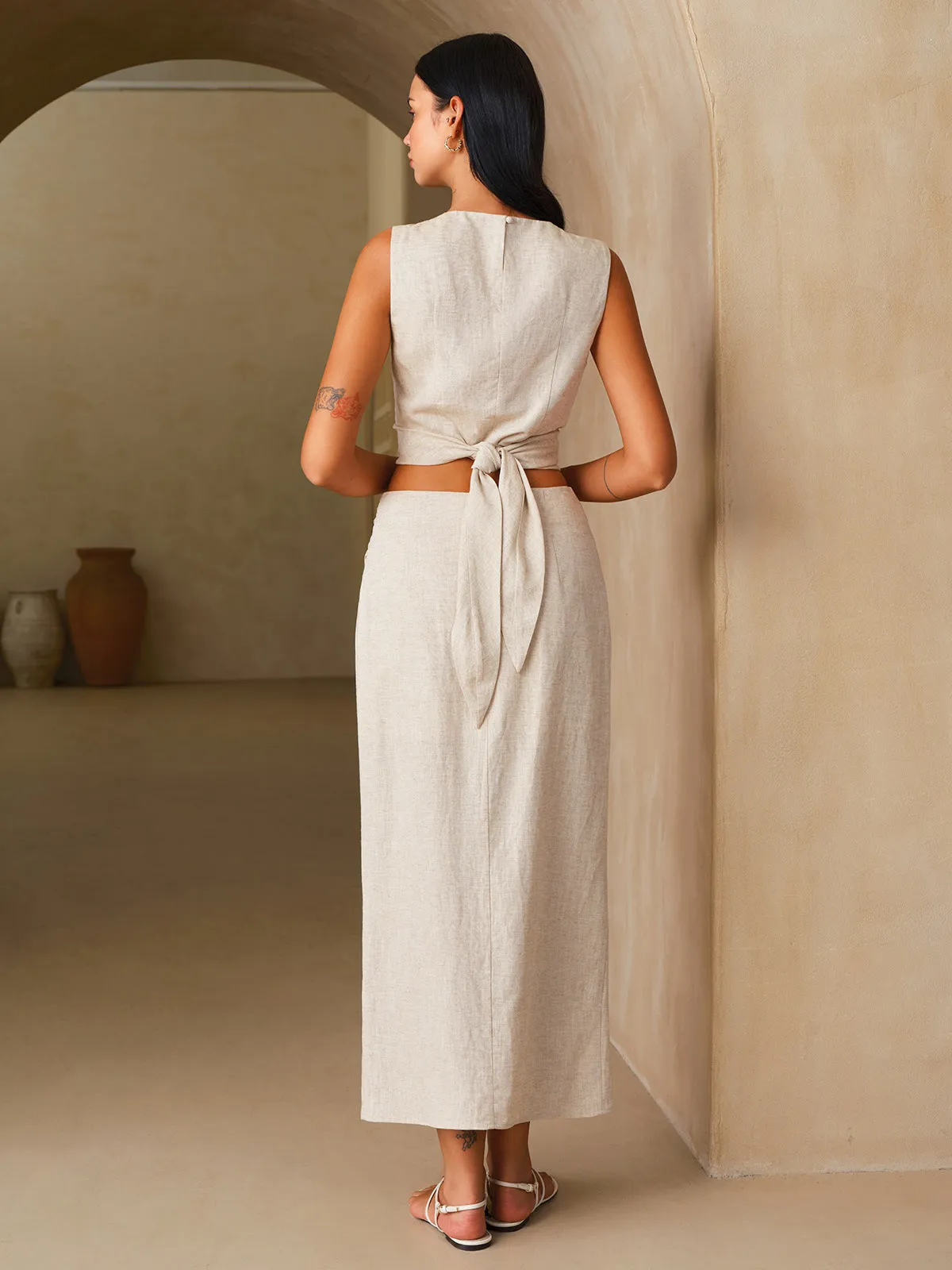 Linen-Blend Knot-Back Top & Wrap Skirt Set sold by COMMENSE product image thumbnail 5