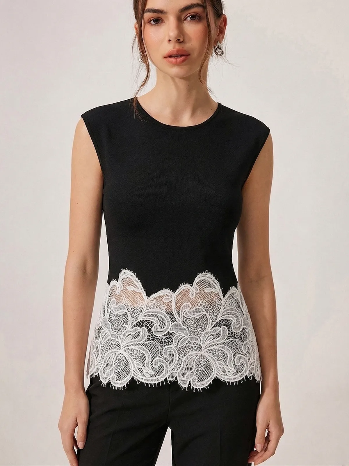 Lace Hem Knit Sleeveless Top sold by COMMENSE