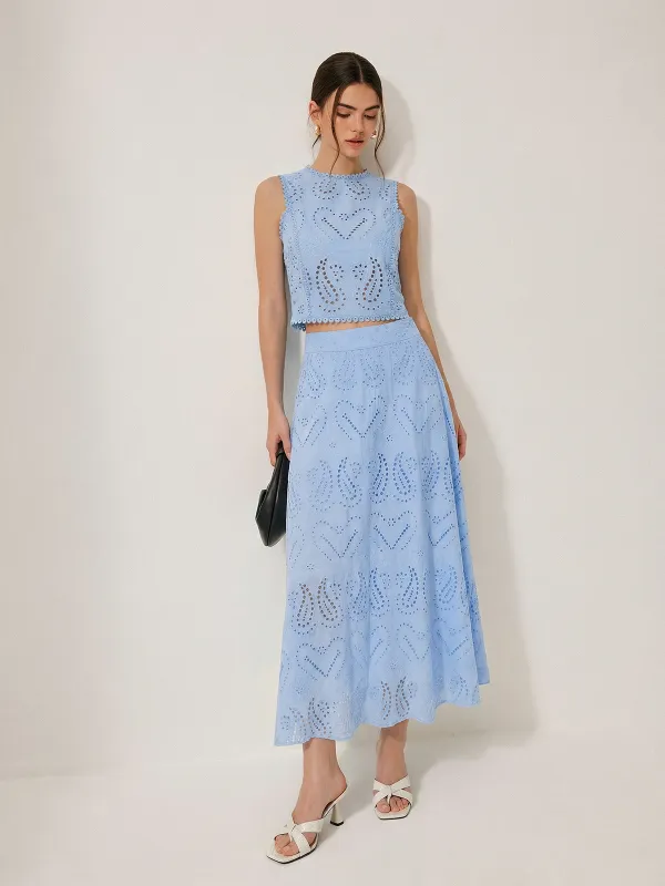 Eyelet Embroidery Top & Maxi Skirt Set made by COMMENSE