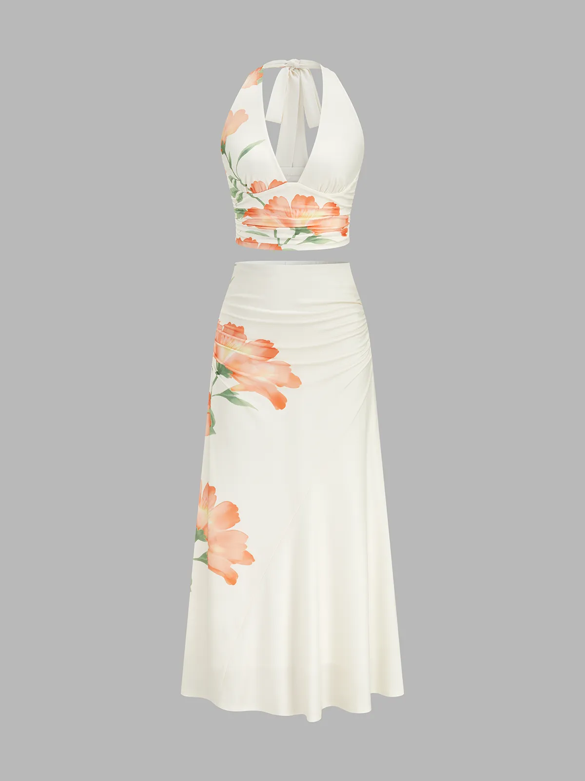 Floral Print Halter Crop Top & Ruched Skirt Set sold by COMMENSE product image thumbnail 2