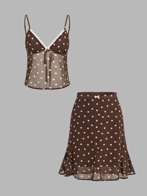 Polka Dot Sheer Lace Trim Top & Mini Skirt Set made by COMMENSE