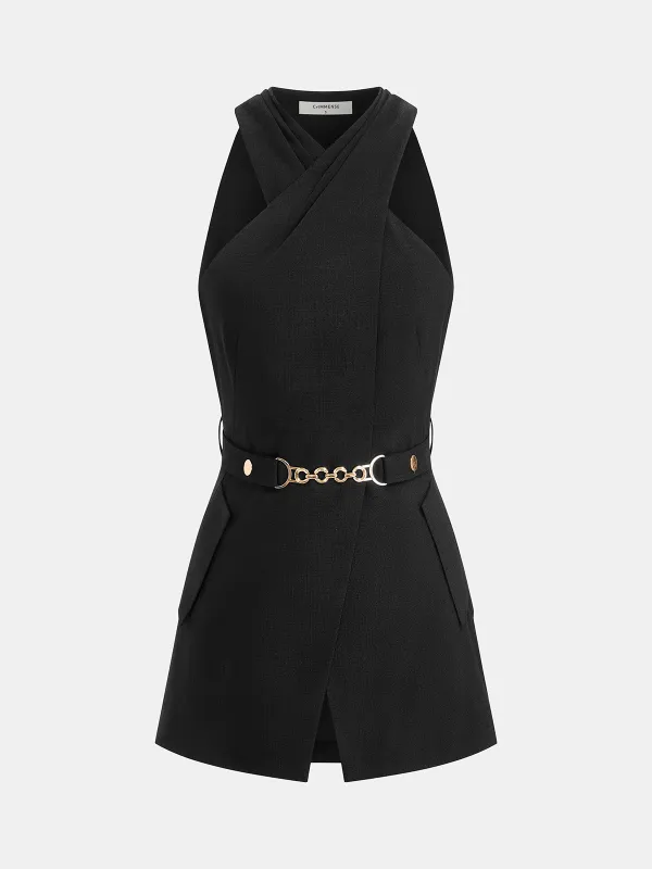 Cross Neck Belted Sleeveless Top made by COMMENSE