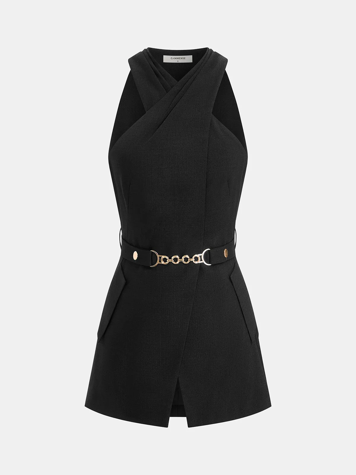 Cross Neck Belted Sleeveless Top sold by COMMENSE